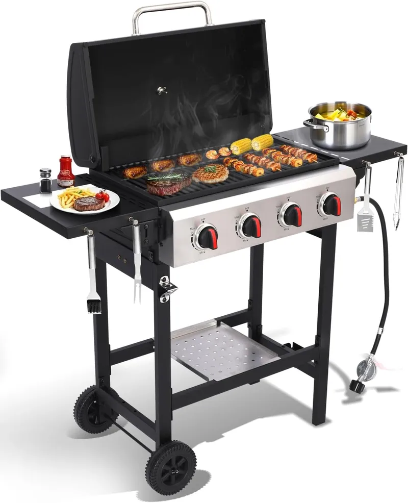 GRILL DEPOTS Portable BBQ Grill with Cast Iron Grate & Griddle Pan